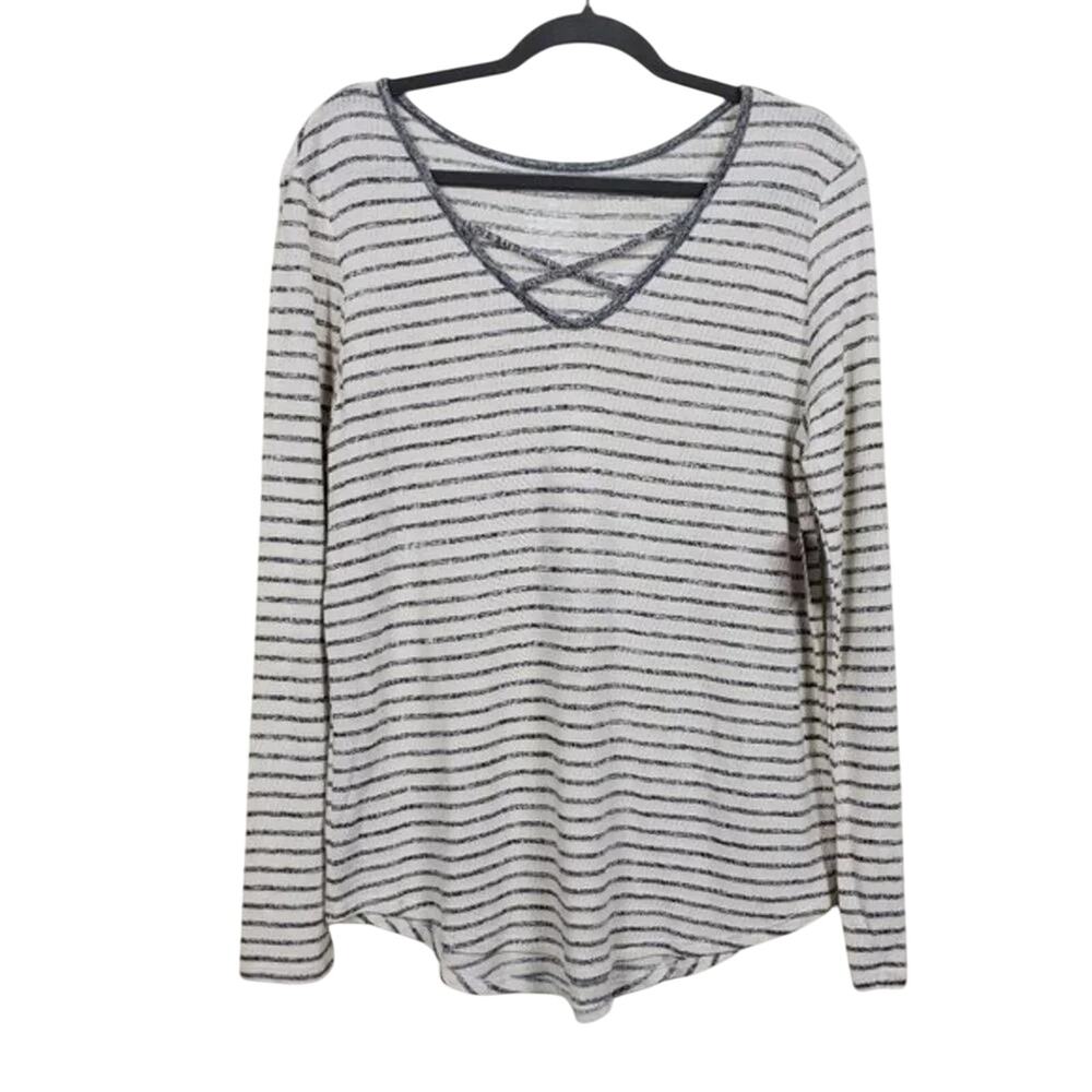 Arizona Jean Co Striped Long Sleeve Top Ivory Gray V Neck Women Size XL NWT